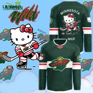 2024 Minnesota Wild x Hello Kitty 50th Anniversary Exclusive Jersey, playful design, anniversary edition.