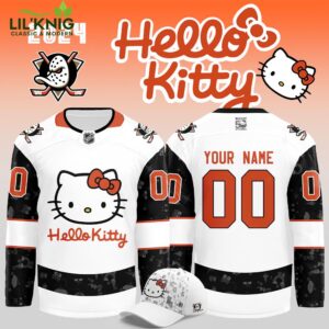 Anaheim Ducks x Hello Kitty 50th Anniversary Exclusive Personalized Jersey, special edition, character-themed.