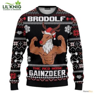 Brodolf The Red Nose Gainzdeer Gym 2024 Ugly Christmas Sweater