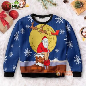 Funny Santa Xmas Reindeer Blue And Full Moon Ugly Unisex Sweater 2024 Christmas