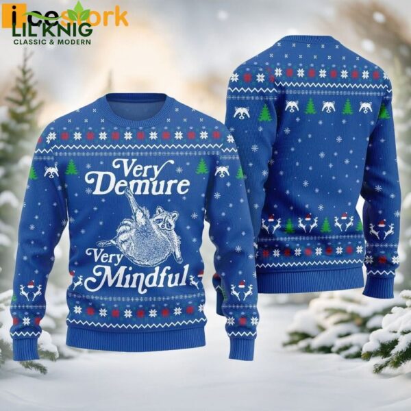 Funny Very Demure Very Mindful Racoon Ugly Christmas Blue Sweater