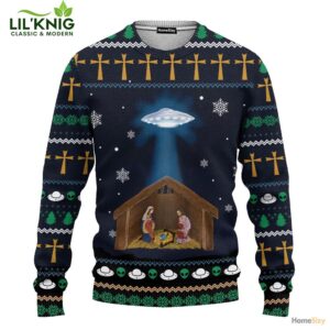 Jesus Nativity With Ufo Star Ugly Sweater 2024 Christmas