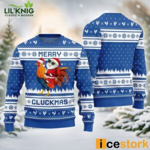 Merry Cluckmas Chicken Ugly Christmas Blue Sweater