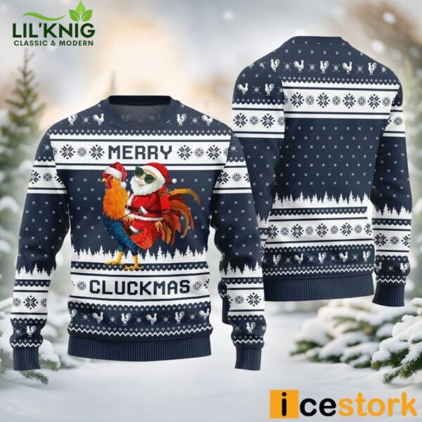 Merry Cluckmas Chicken Ugly Christmas Navy Sweater