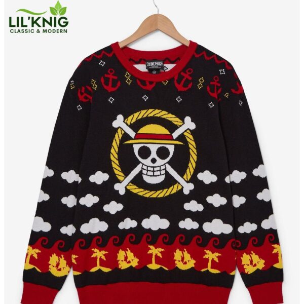 One Piece Straw Hat Jolly Roger Patterned Sweater