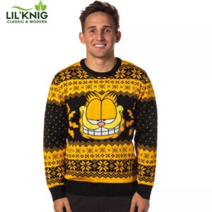 Seven Times Six Garfield Cat Men’S Big Grin Fair Isle Design Pullover Ugly Christmas Sweater Black