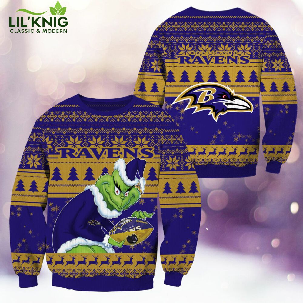 Baltimore Ravens Christmas Grinch Knitted Sweater - Festive Team Gear Baltimore Ravens Christmas Grinch Knitted Sweater - Festive Team Gear
