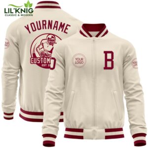 Custom Cream Maroon Bomber Varsity Letterman Jacket – Zipper Style